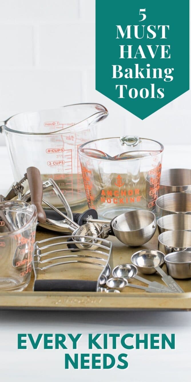 Five essential baking tools on a gold sheet pan with blog post title in top right hand corner of photos