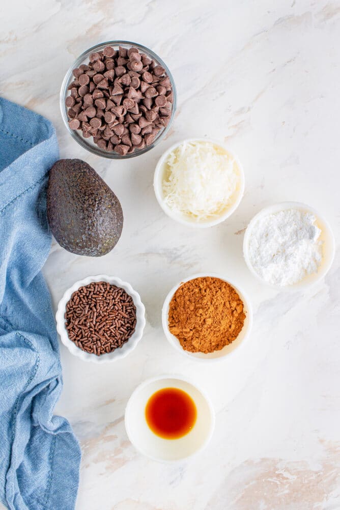 Overhead shot of ingredients for chocolate avocado truffles