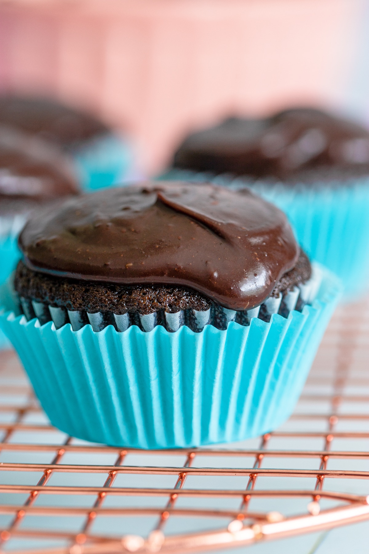 Close up photo of best chocolate cupcakes with chocolate frosting in a blue cupcake liner