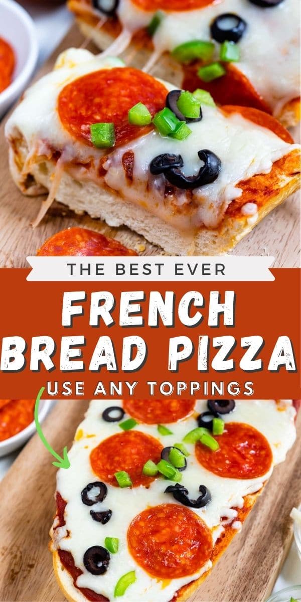 collage of two photos of French bread pizza with block text in the middle