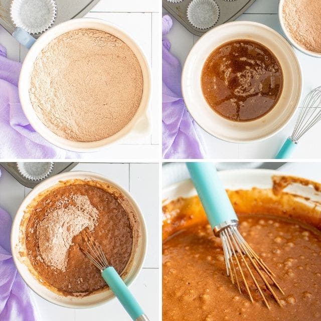 Four photos showing the process of making chocolate cupcake batter