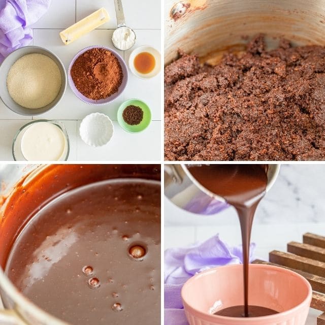 Four photos showing the process of making chocolate cupcake frosting
