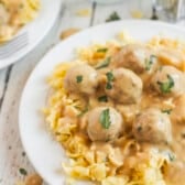 meatballs on plate with egg noodles and fork.