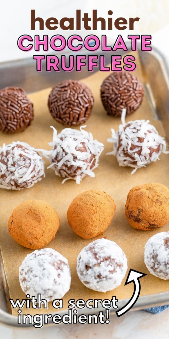 Chocolate avocado truffles with different toppings on a sheet pan in rows with recipe title on top of image