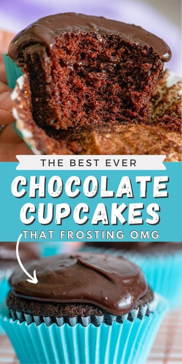 Photo collage showing the best chocolate cupcakes with recipe title in between photod