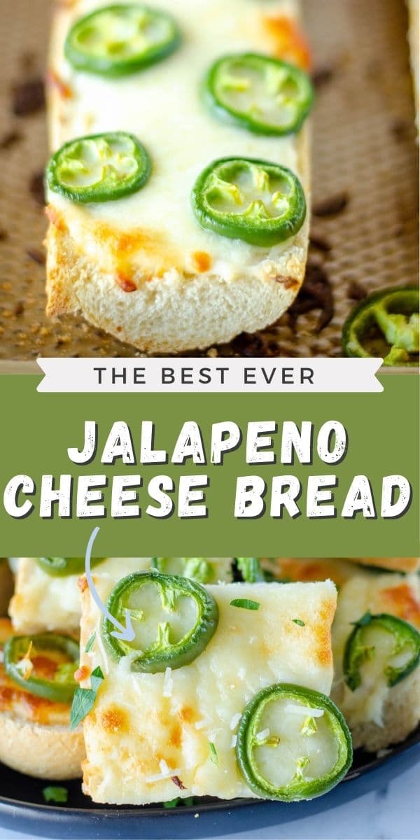 Photo collage showing jalapeno cheese bread with the recipe title in middle of photos