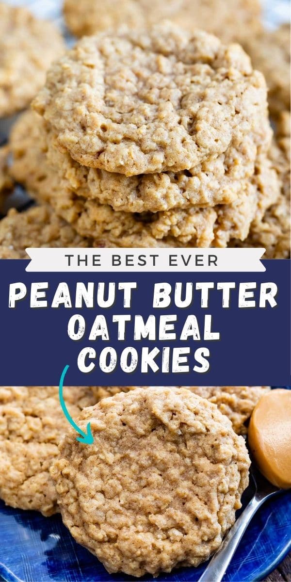Photo collage of peanut butter oatmeal cookies with recipe title in middle of photos