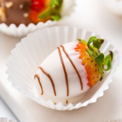 Close up shot of white chocolate covered strawberry with milk chocolate drizzle