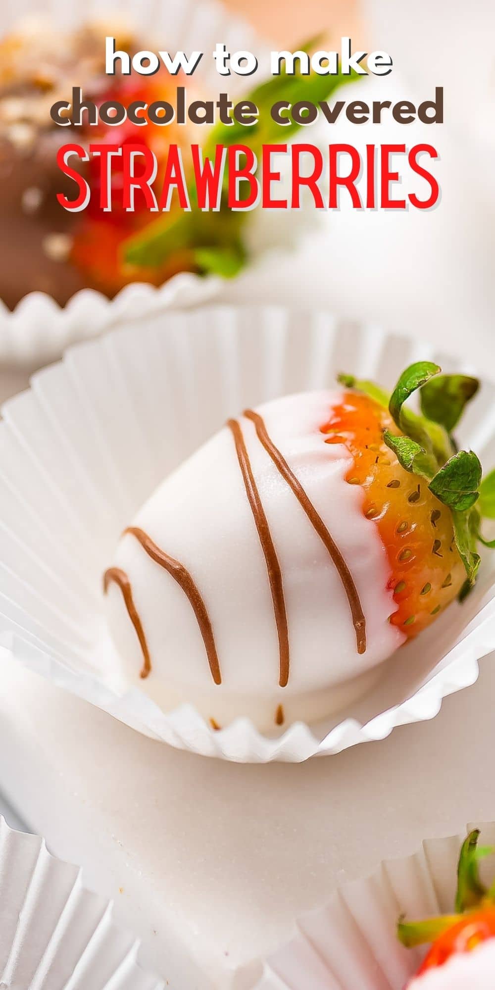 Close up shot of white chocolate covered strawberry with milk chocolate drizzle and recipe title on top of image