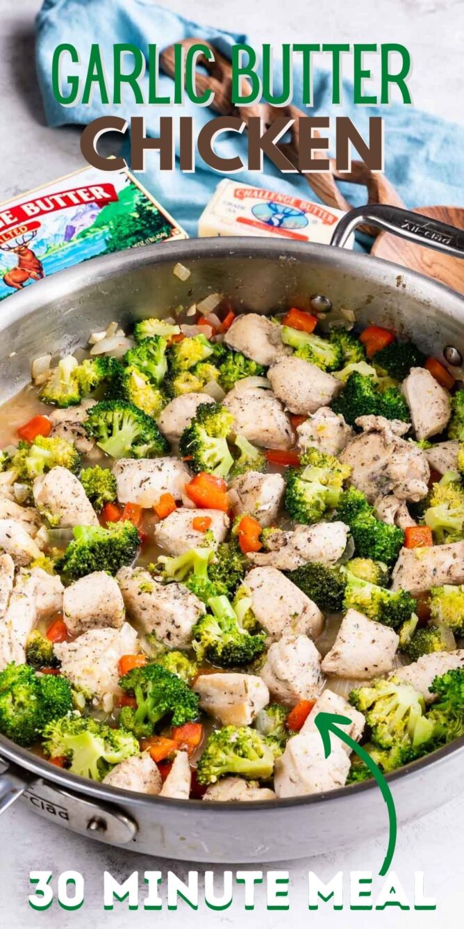 garlic butter chicken in skillet with vegetables and words on photo
