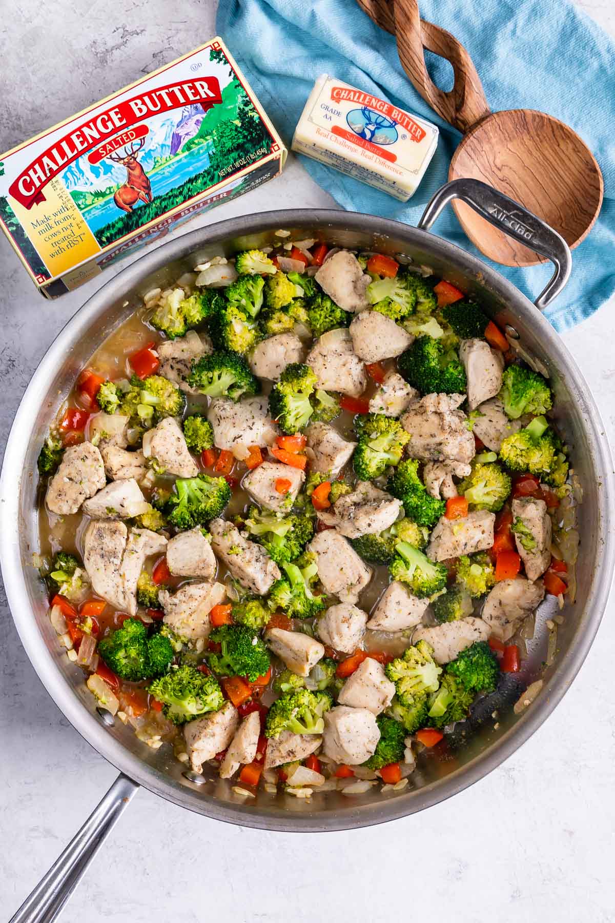 overhead shot of meal in pan and butter box above