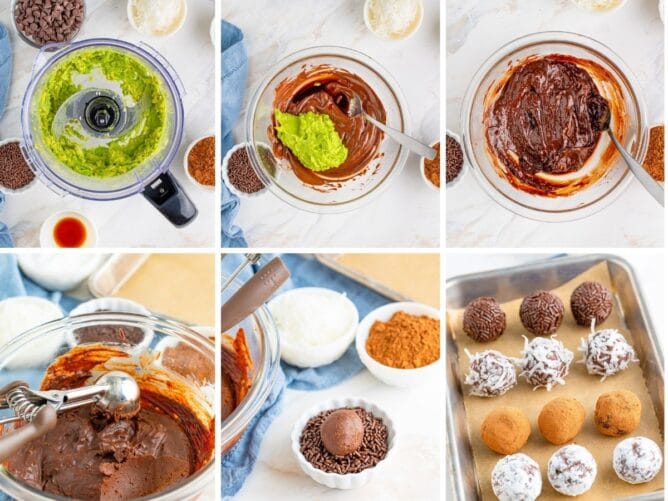 Six photos showing the process of making chocolate avocado truffles