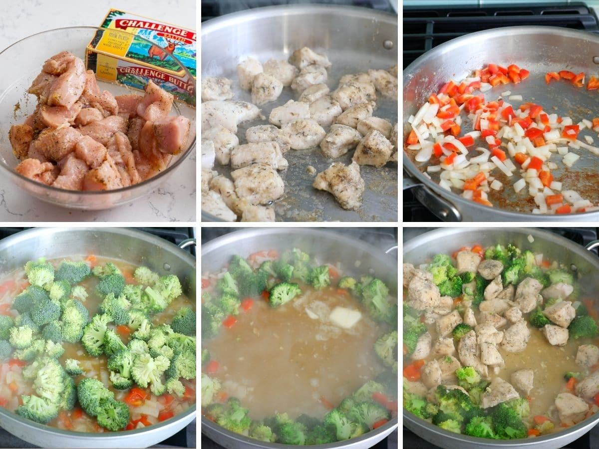 collage of 6 photos showing how to make Garlic Butter Chicken