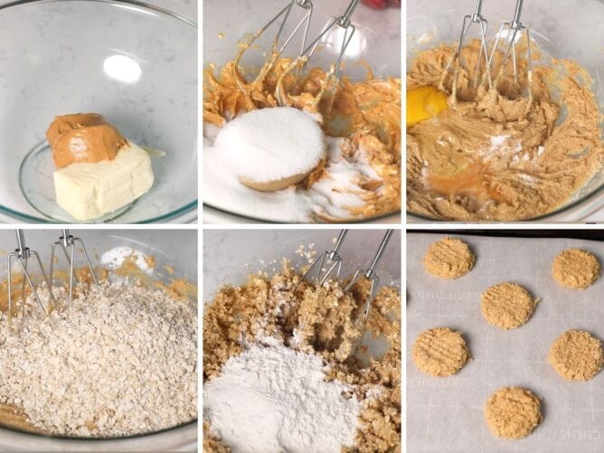 Six photo collage showing the process of making peanut butter oatmeal cookies