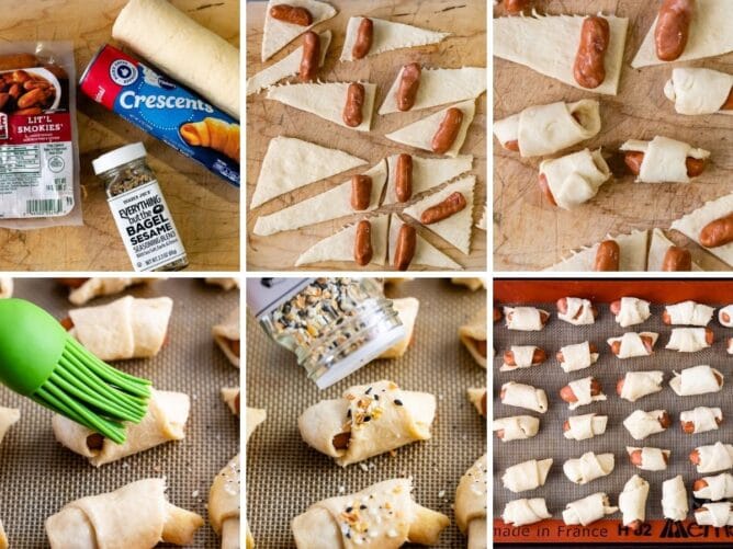 Six photos showing the process of making everything pigs in a blanket