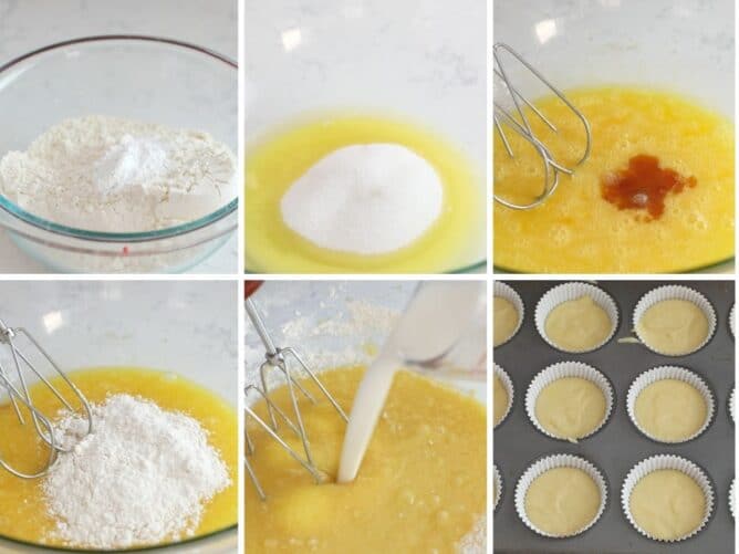 Six photos showing how to make the batter for perfect vanilla cupcakes