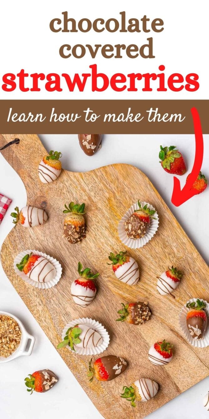 Overhead shot of chocolate covered strawberries with different toppings on a wood cutting board with recipe title on top of image