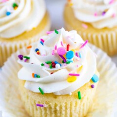 Close up of perfect vanilla cupcake with vanilla buttercream and topped with rainbow sprinkles