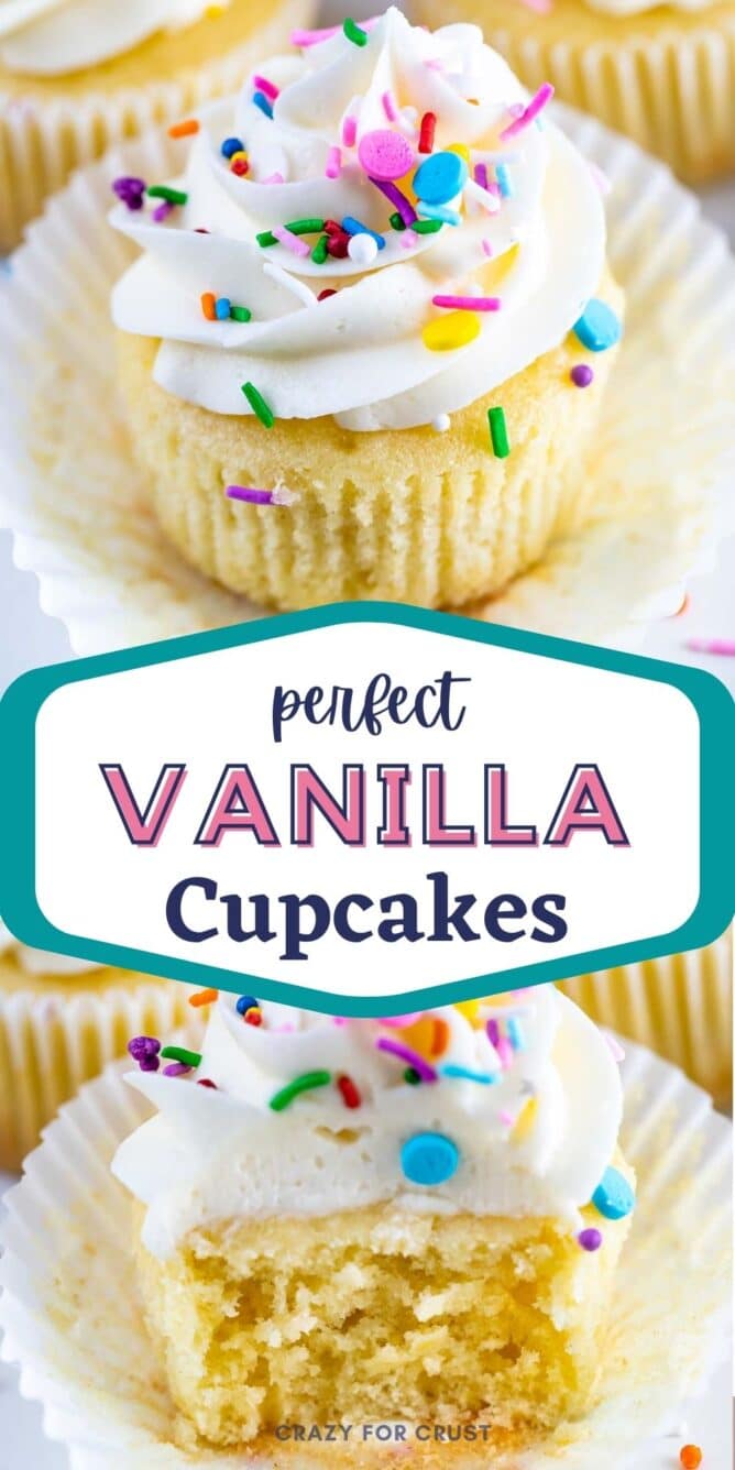 Photo collage of perfect vanilla cupcakes with recipe title in middle of photos