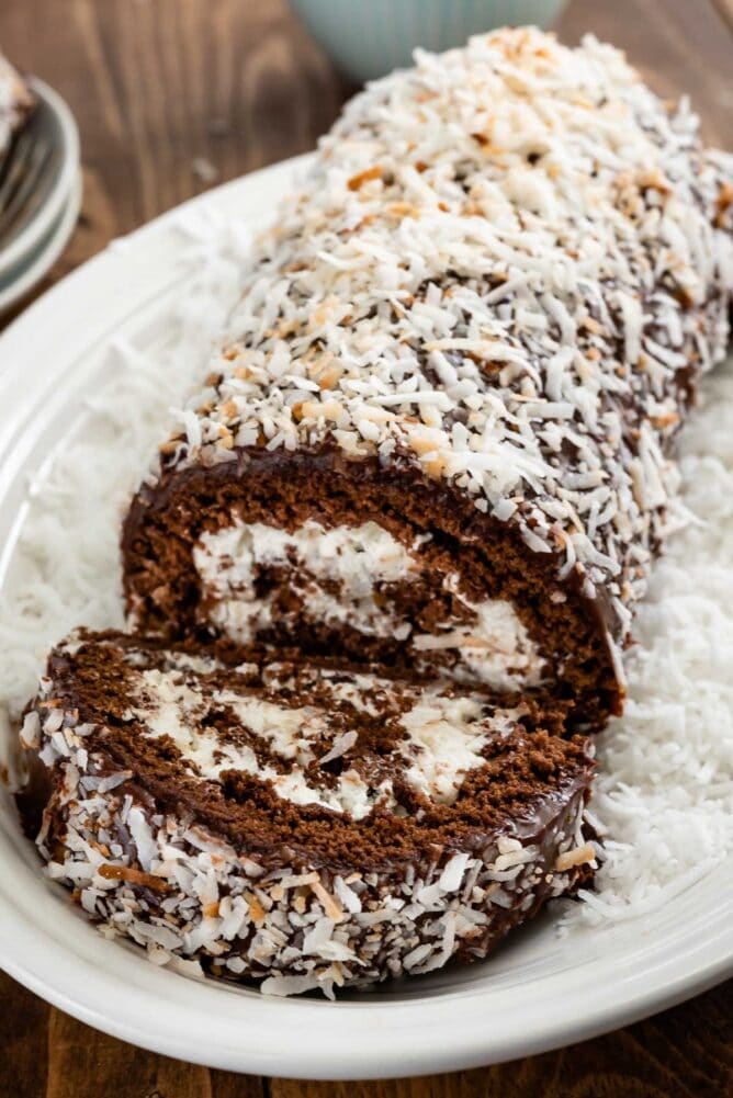 Chocolate coconut cake roll on a plate with one slice cut off and shredded coconut all around