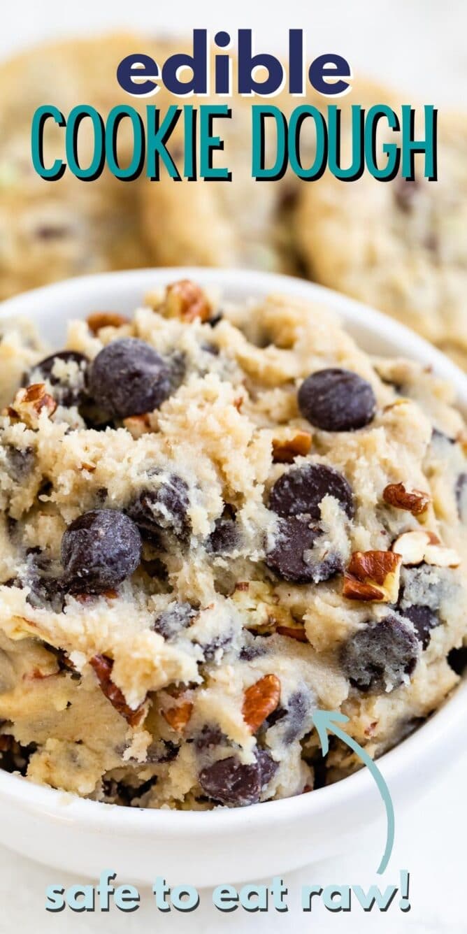 Close up shot of edible cookie dough with recipe title on top of image