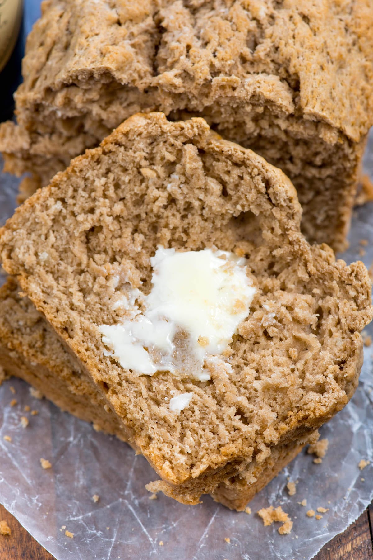 slice of beer bread with butter.