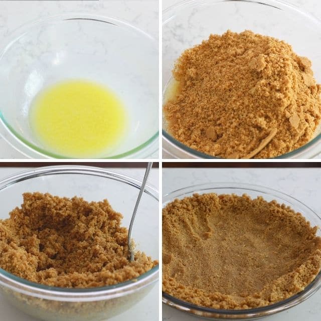 Four photo collage showing steps to making easy no-bake peanut butter cookie crust