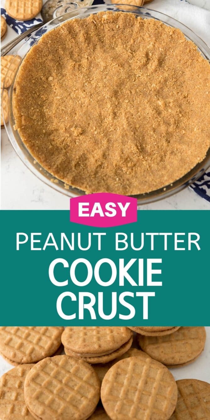 Photo collage of easy no-bake peanut butter cookie crust with recipe title in middle of two photos