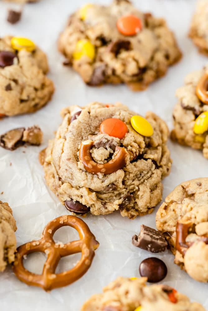 Close up shot of toffee pretzel peanut butter cookies