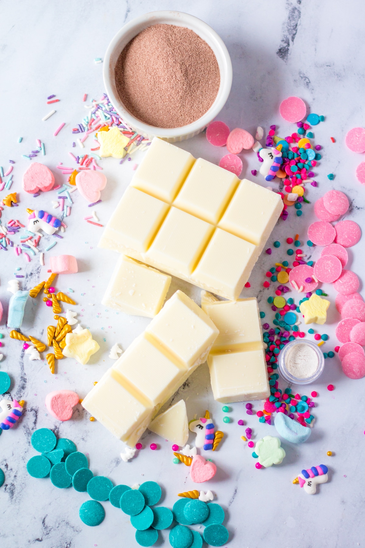 Overhead shot of ingredients needed to make hot chocolate bombs