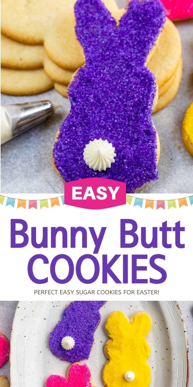 Photo collage showing easy bunny butt cookies with recipe title in the middle of collage