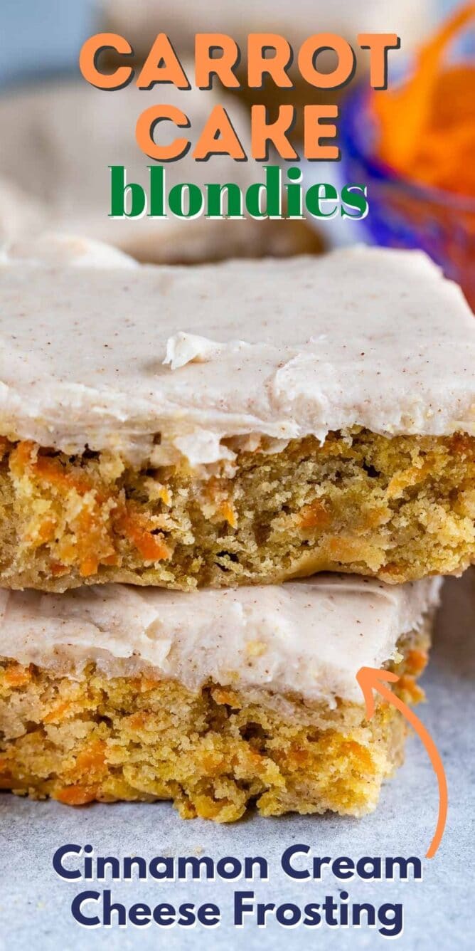Stack of two carrot cake blondies on parchment paper with recipe title on top of image