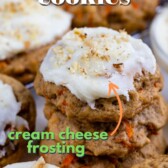 Lots of carrot cake cookies, some stacked on eachother with recipe title on top of image