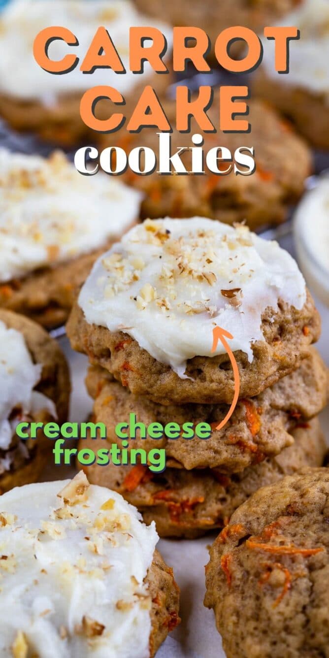 Lots of carrot cake cookies, some stacked on eachother with recipe title on top of image