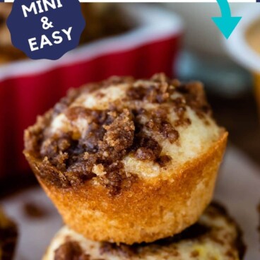 Two mini crumb cake bites stacked on eachother with recipe title on top of image