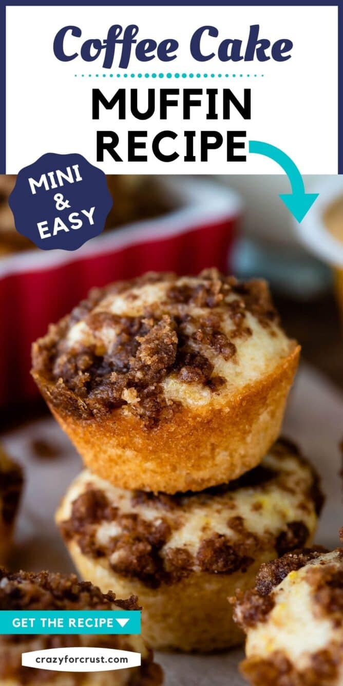 Two mini crumb cake bites stacked on eachother with recipe title on top of image