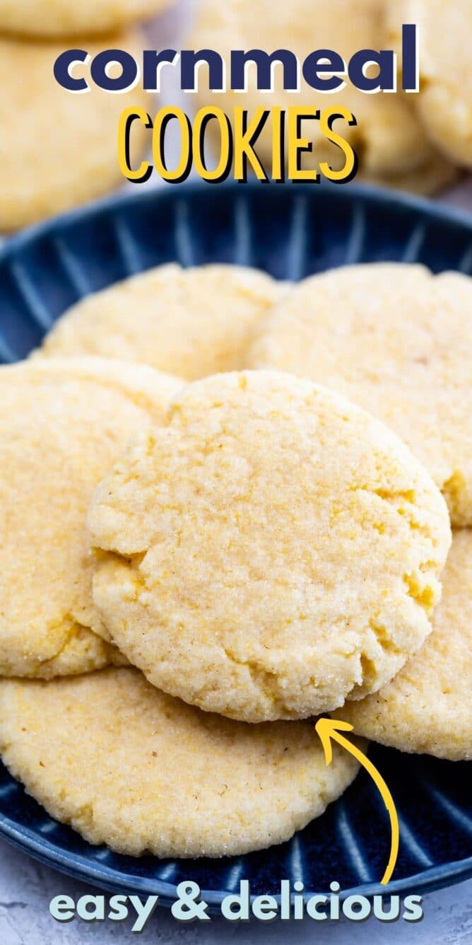 Plate full of cornmeal cookies with recipe title on top of image