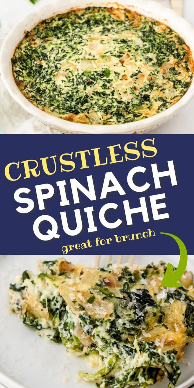 Photo collage of crustless spinach quiche with recipe title in middle of photos