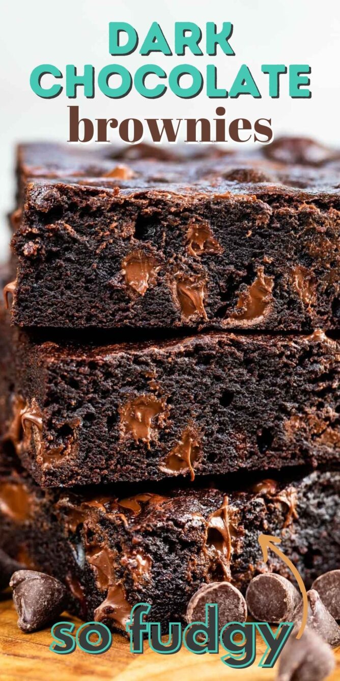 Stack of dark chocolate brownies with chocolate chips around them and recipe title on top of image