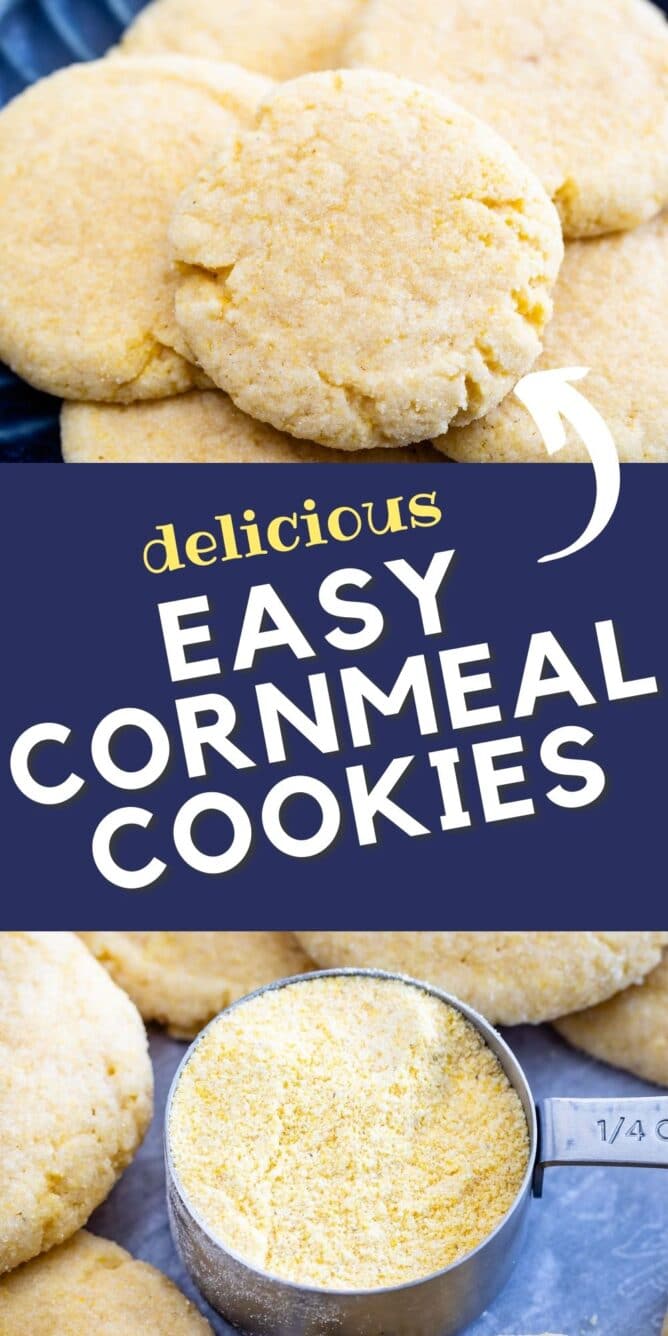 Photo collage showing cornmeal cookies with recipe title in the middle