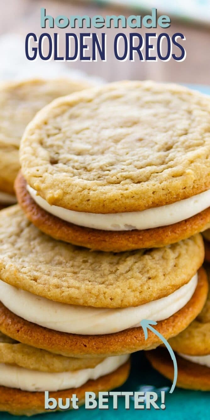 Stack of homemade golden oreos on a blue plate with recipe title on top of image