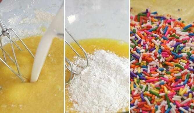 collage of 3 photos showing how to make Funfetti Cupcakes