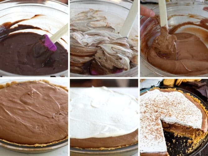 Six photo collage showing the process of making chocolate cream pie