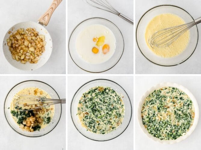 6 photos in a collage showing the steps to making spinach crustless quiche