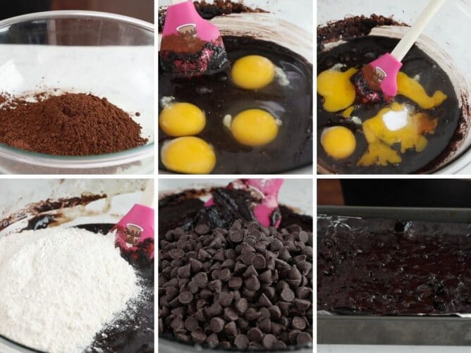 Six photo collage showing the steps to make dark chocolate brownies