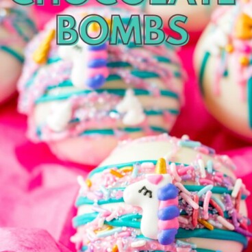 White hot chocolate bombs decorated as unicorns with recipe title on top of image