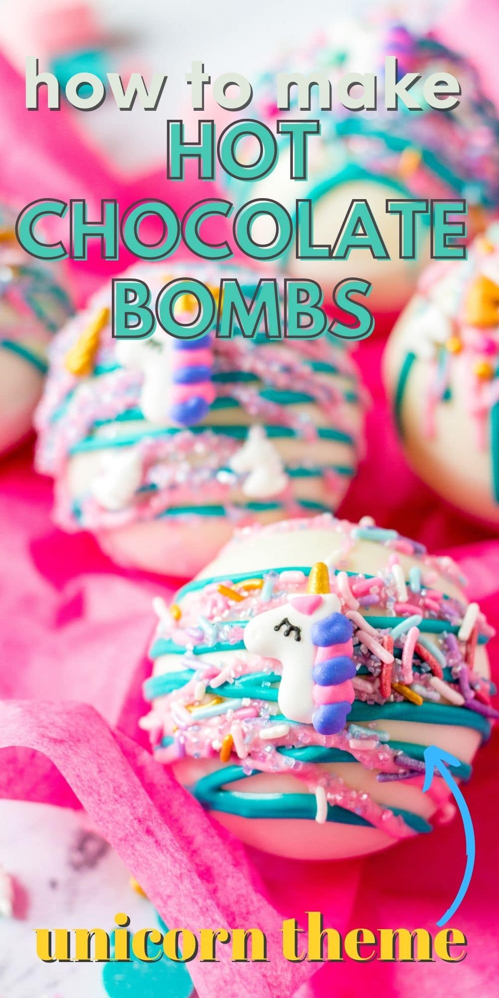 White hot chocolate bombs decorated as unicorns with recipe title on top of image