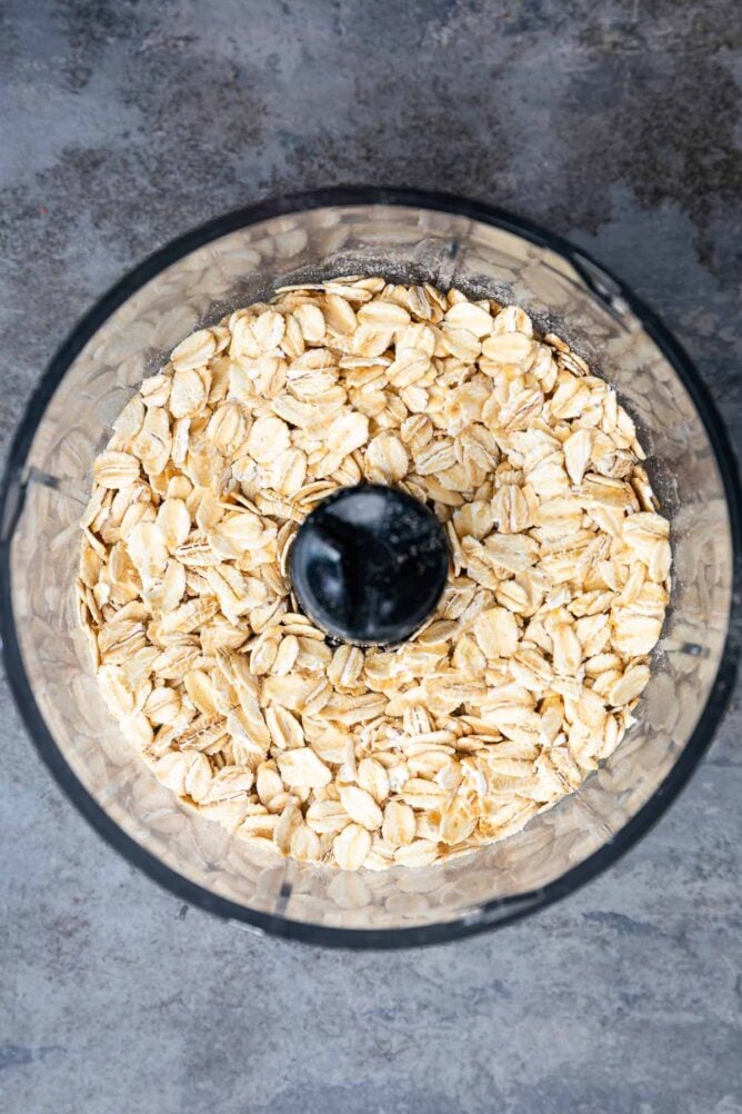 Overhead shot of old fashioned oats in a food processor