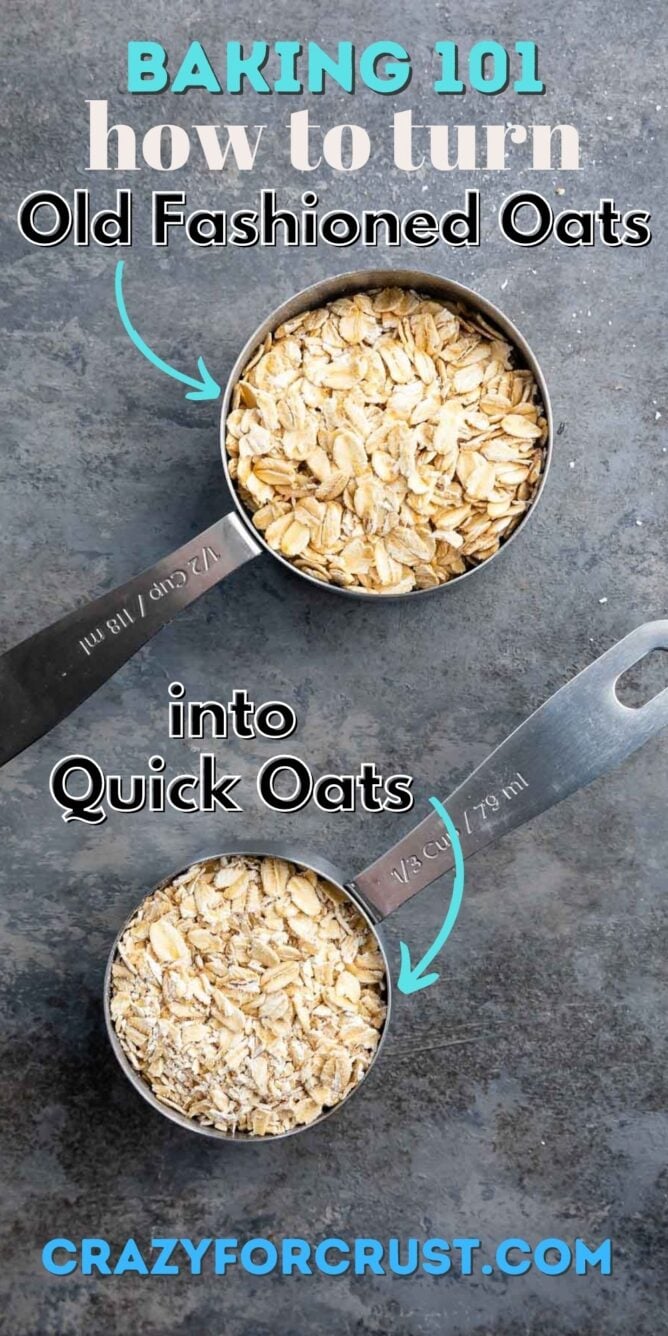 Overhead shot of old fashioned and quick oats in measuring cups
