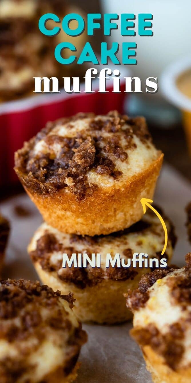 Two mini crumb cake bites stacked on eachother with recipe title on top of image